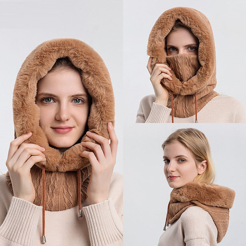 Model wearing brown plush winter hood and scarf