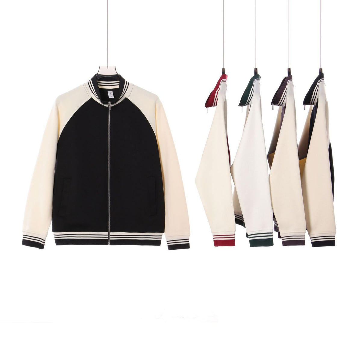 Stand-collar jackets displayed in several contrasting colors