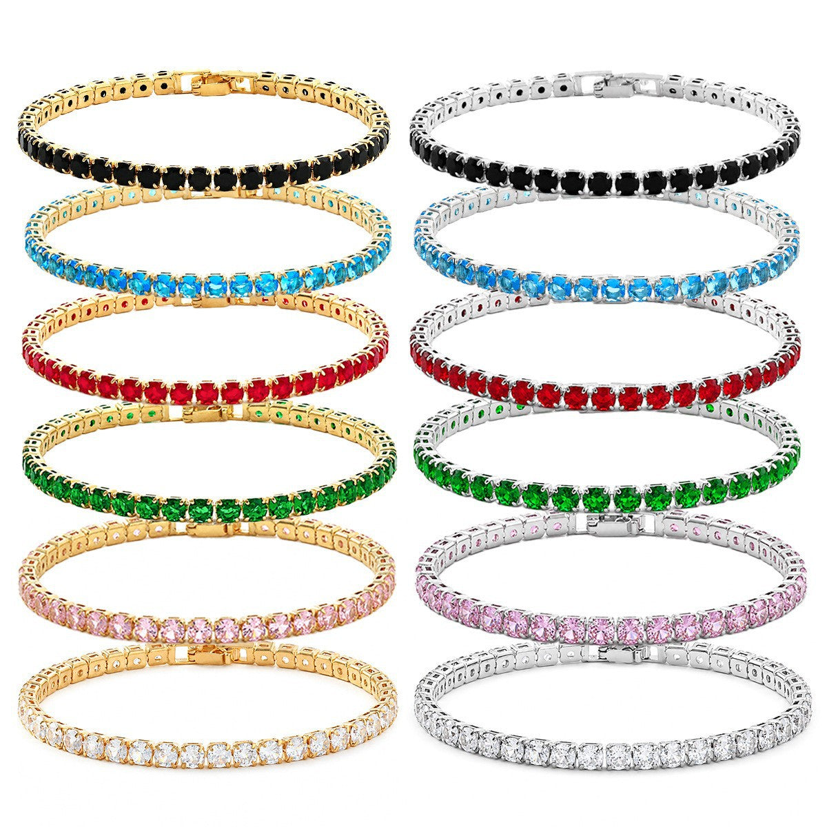 Tennis bracelets displayed in multiple stone colors