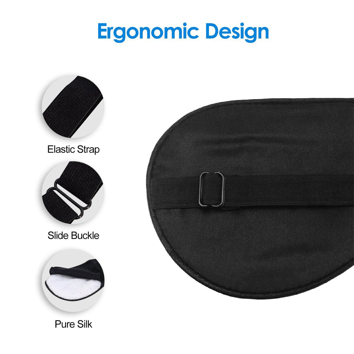 Back view of black sleep mask with adjustable strap