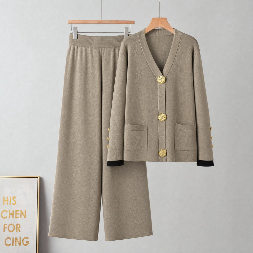 Taupe button cardigan and matching wide-leg trousers