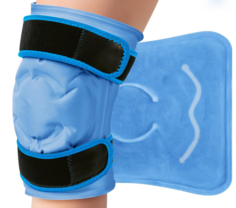 Blue gel knee wrap with black straps