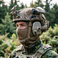 Camouflage balaclava worn under helmet and headset