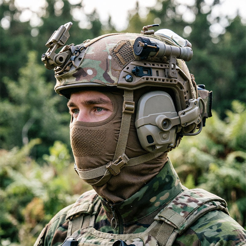 Camouflage balaclava worn under helmet and headset