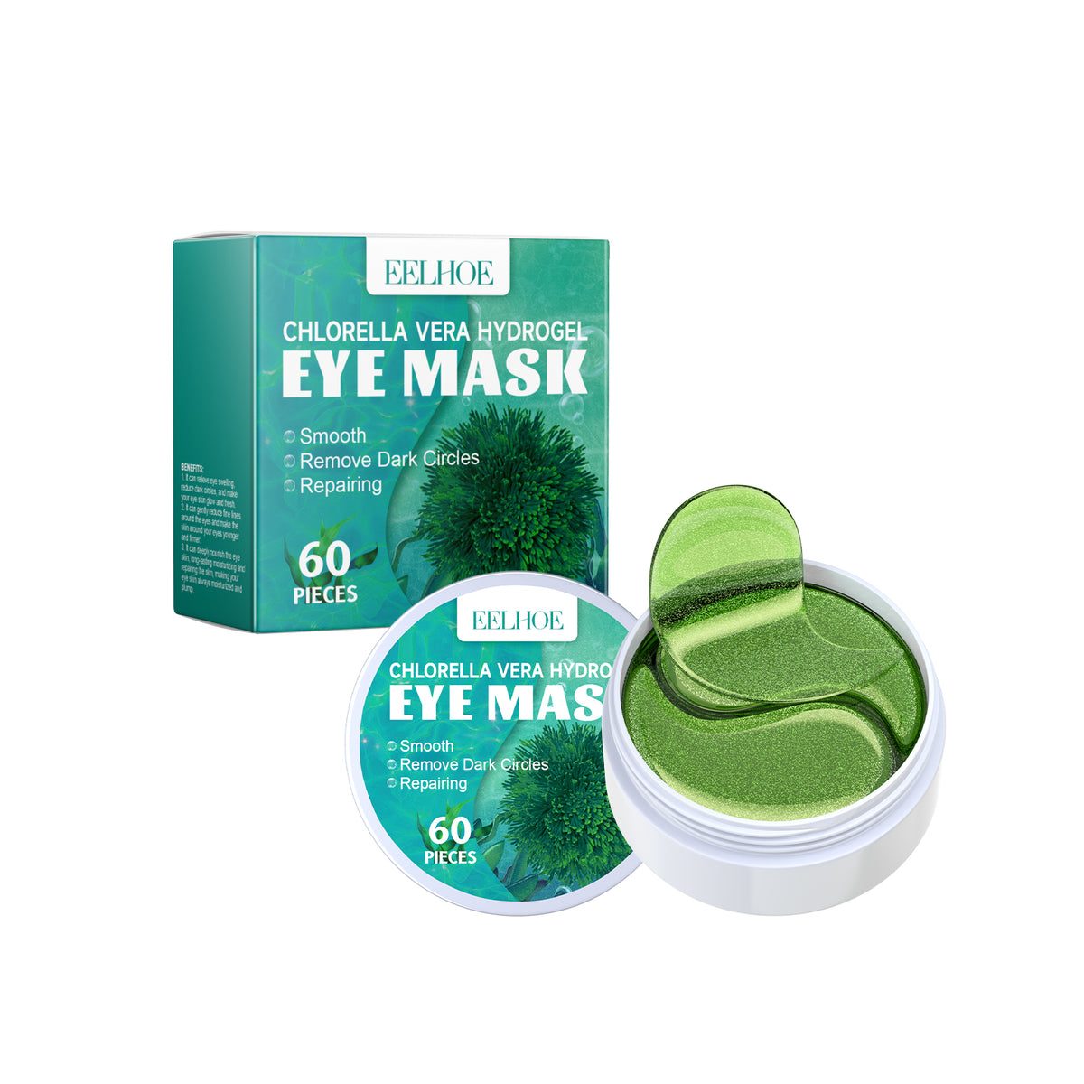 Green hydrogel eye patch jar with leaf-shaped patches