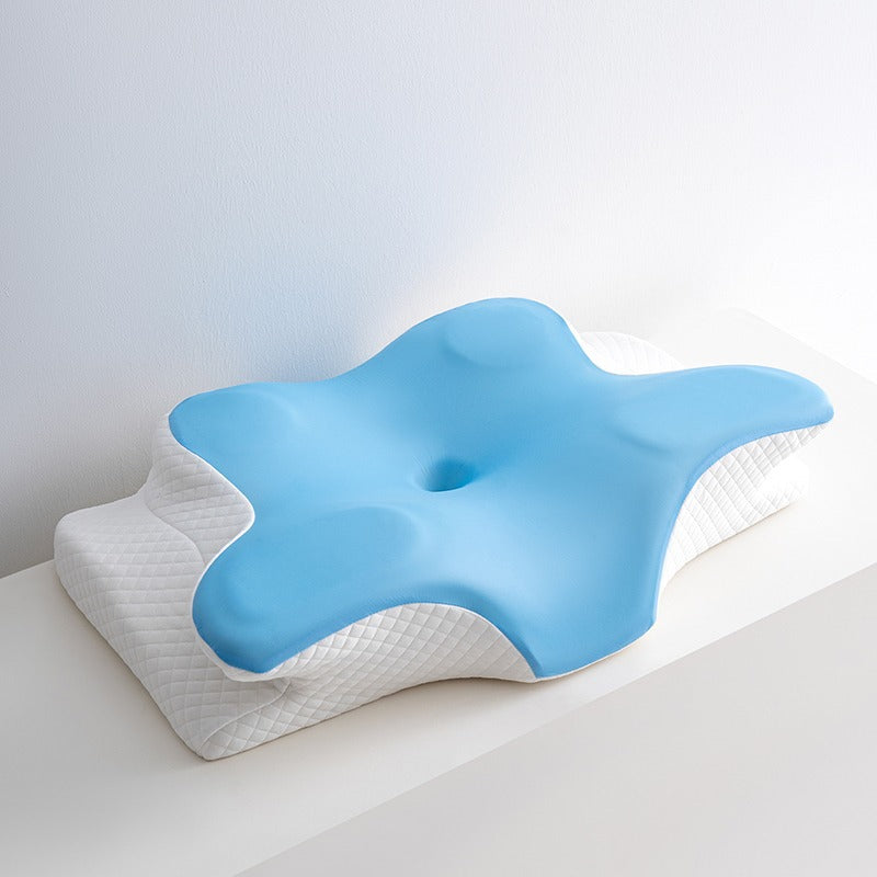 Blue contoured pillow with neck cutout