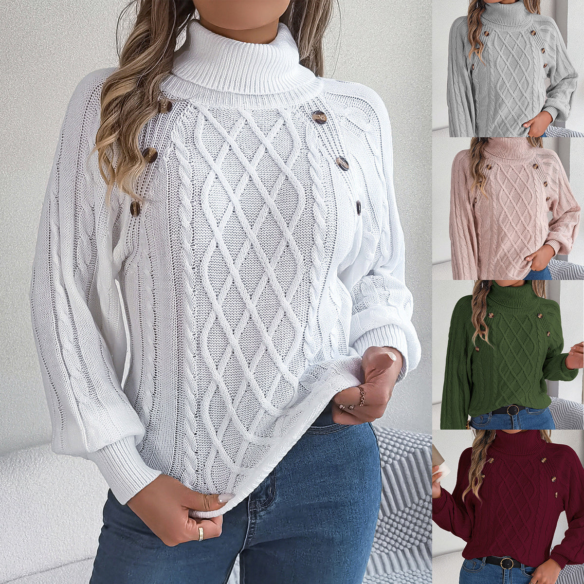 Model wearing a white cable-knit high-neck sweater