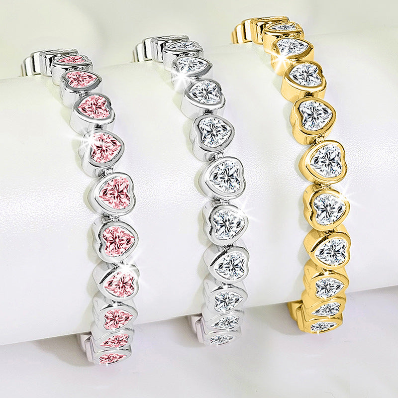 Heart-shaped stone bracelets in three color finishes