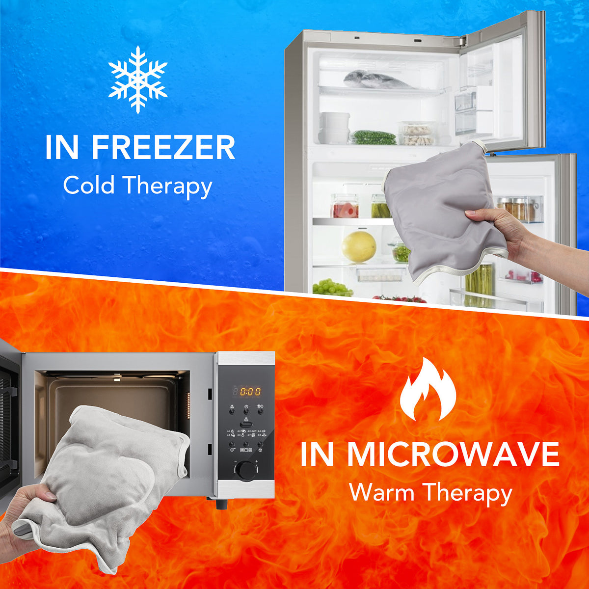 Hot and cold gel wrap graphic showing freezer and microwave use