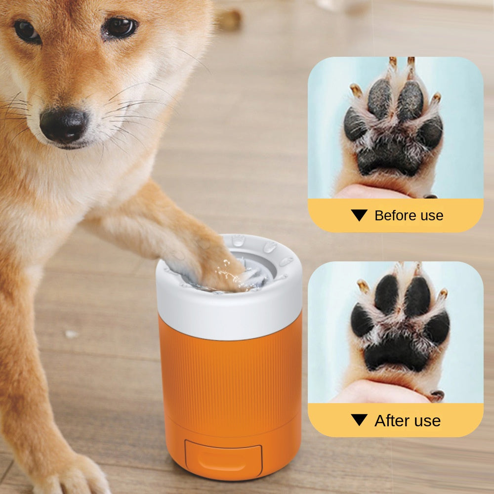 Dog paw being cleaned in an orange cup