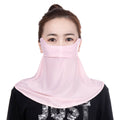 Model wearing a pink face and neck cover