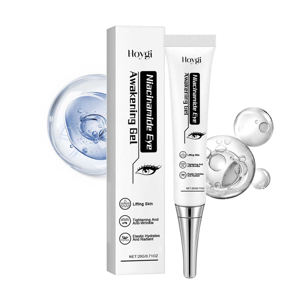 Niacinamide eye gel jar, box and applicator