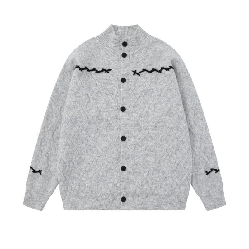 Gray cardigan with black scalloped trim
