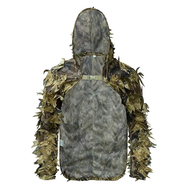 Front and back views of leafy camouflage hooded costume