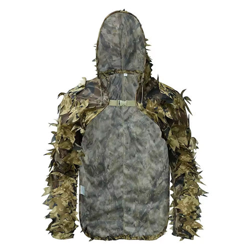 Front and back views of leafy camouflage hooded costume