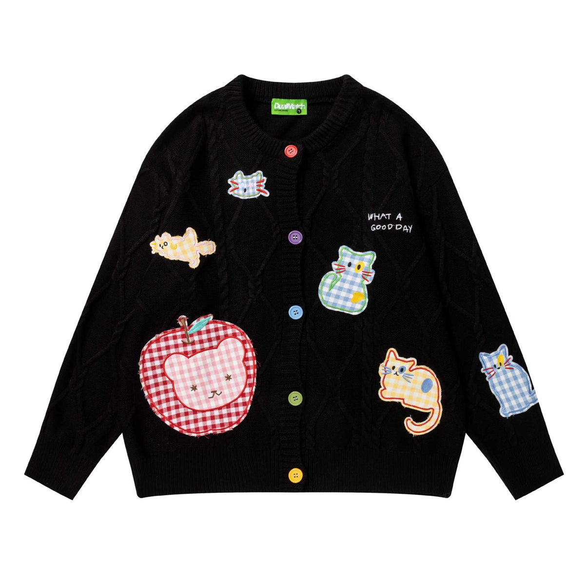 Black button cardigan with colorful cartoon motifs