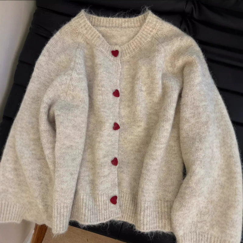 Women's Gray Heart Button Knit Cardigan