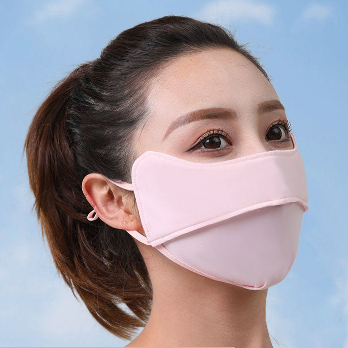 Model wearing a pink lower-face cover