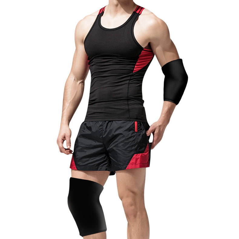 Model demonstrating black gel sleeves on arm and knee