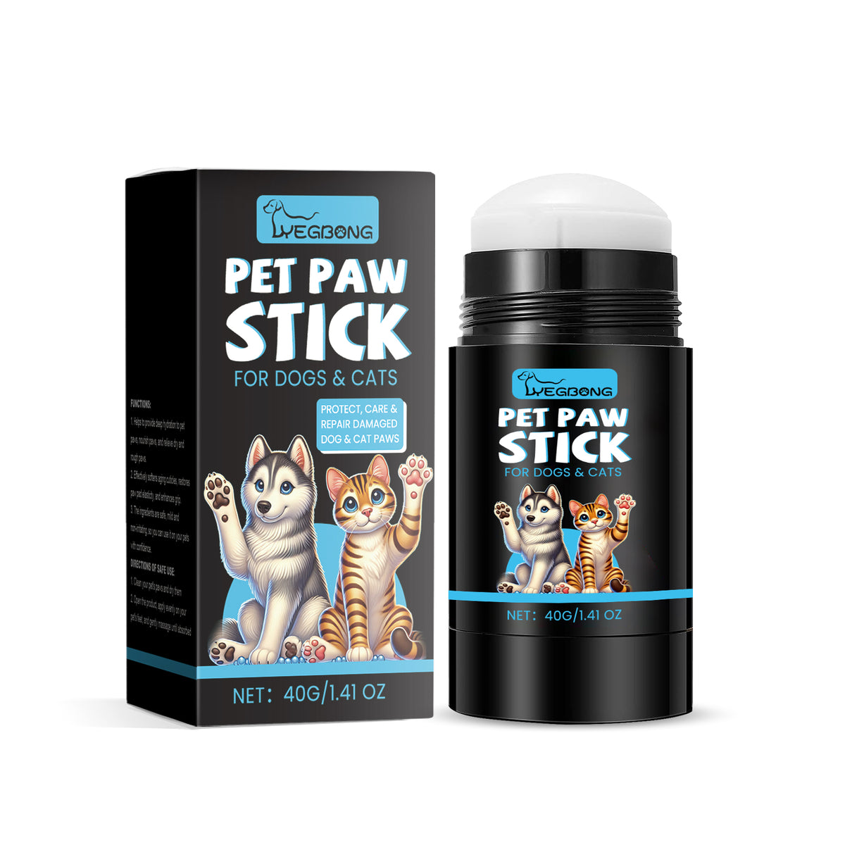 Yegbong pet paw care stick beside product box