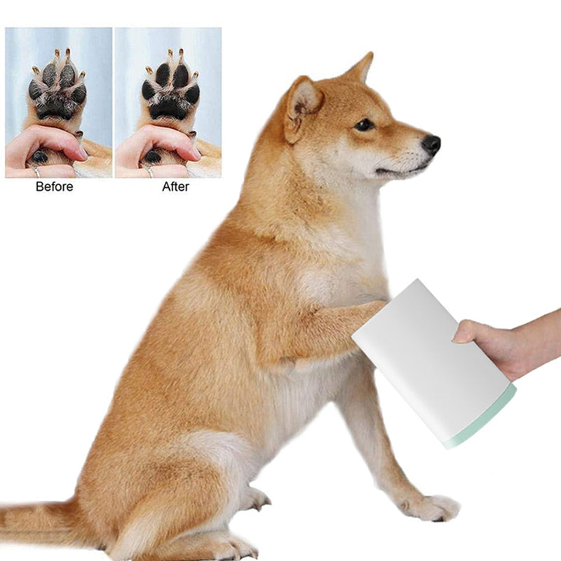 Dog paw placed into a white handheld cleaning cup