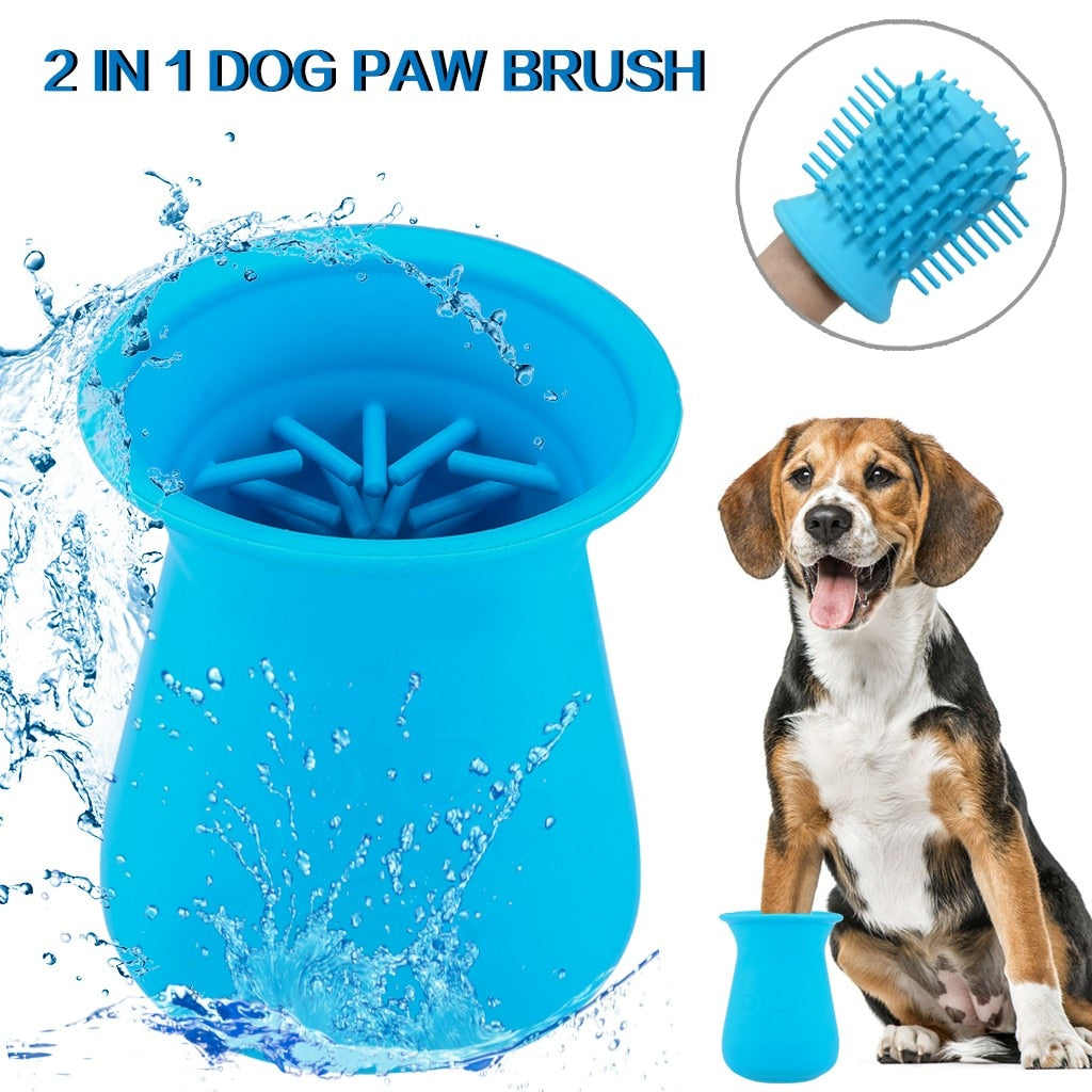 Blue paw-cleaning brush cup with removable brush panel