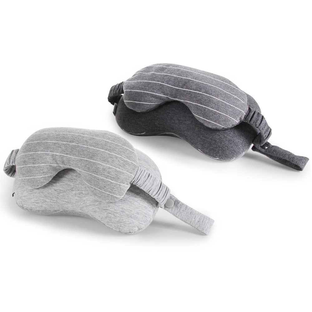 Gray U-shaped travel cushion shown open and closed