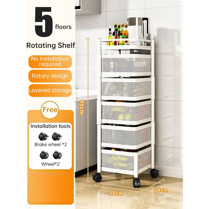 White rotating kitchen storage rack with baskets