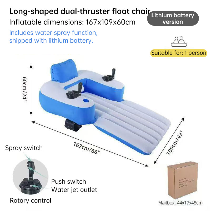 Blue inflatable powered lounge chair with feature diagrams