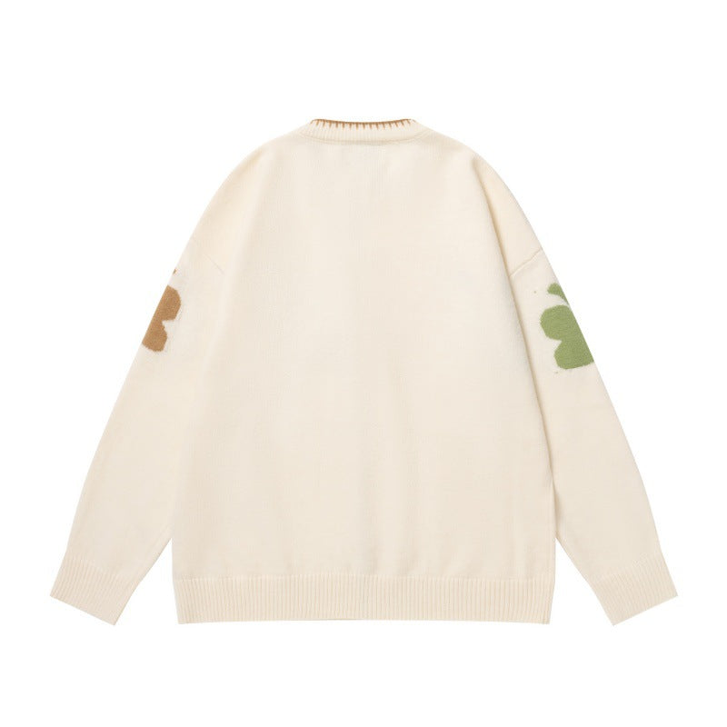 Front view of cream sweatshirt with printed sleeve details