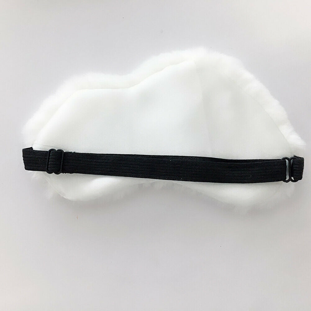 Back view of white plush sleep mask with elastic strap