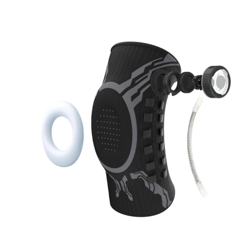 Black adjustable knee brace with dial and support pad