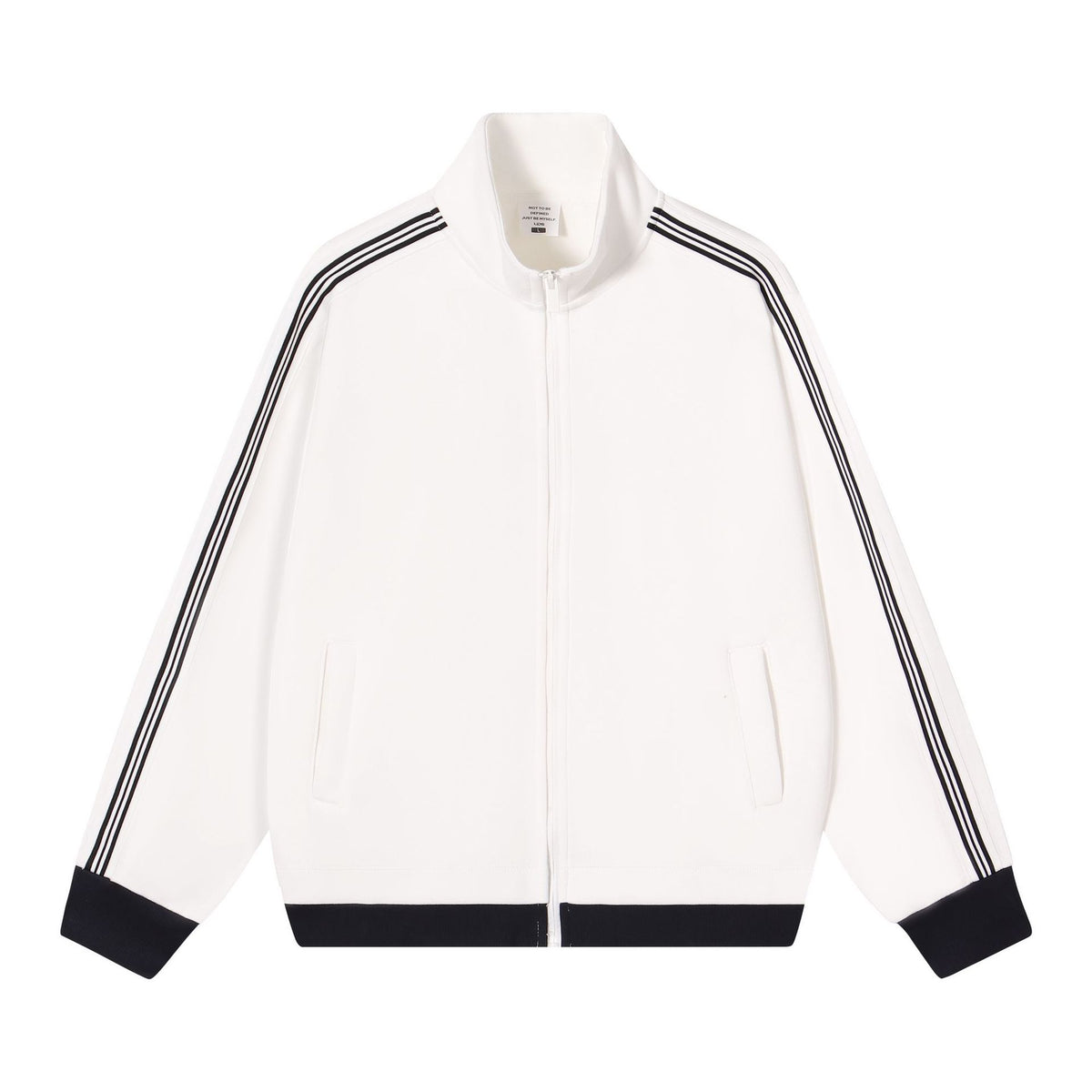 White track-style zip jacket with dark stripes