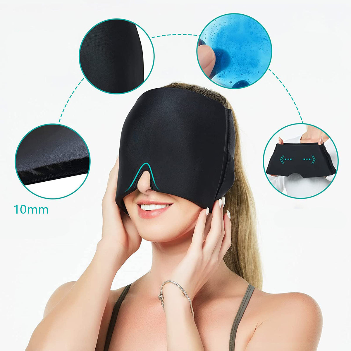 Black cooling eye cap shown with a model