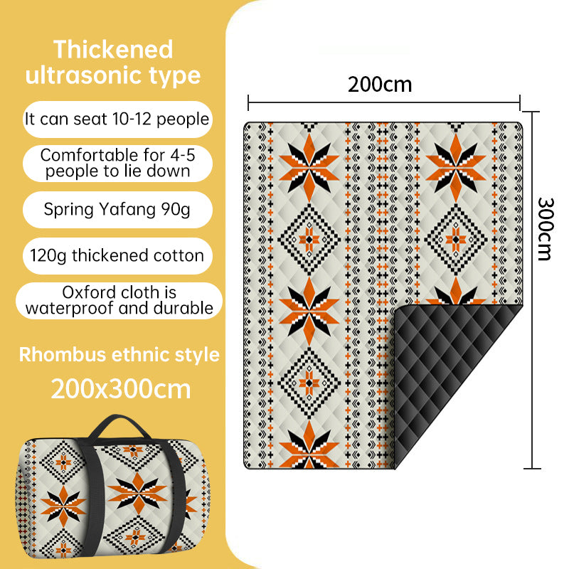 Patterned picnic blanket showing dimensions and folded form