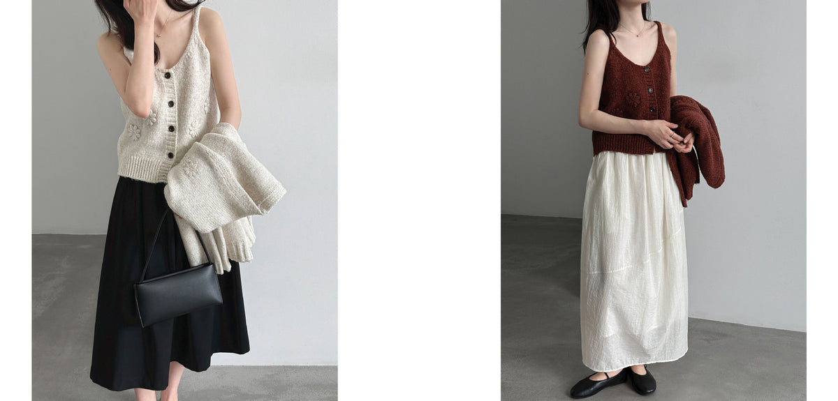 Three models wearing sleeveless tops with coordinated layers