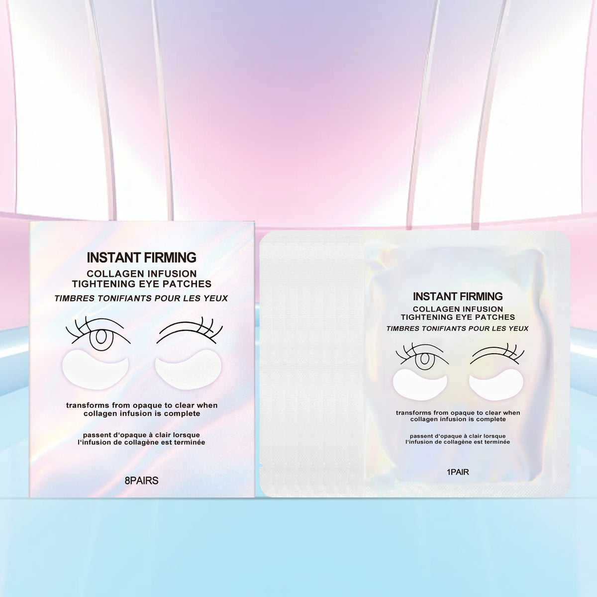 Under-eye skincare patch sachets with illustrated eye placement