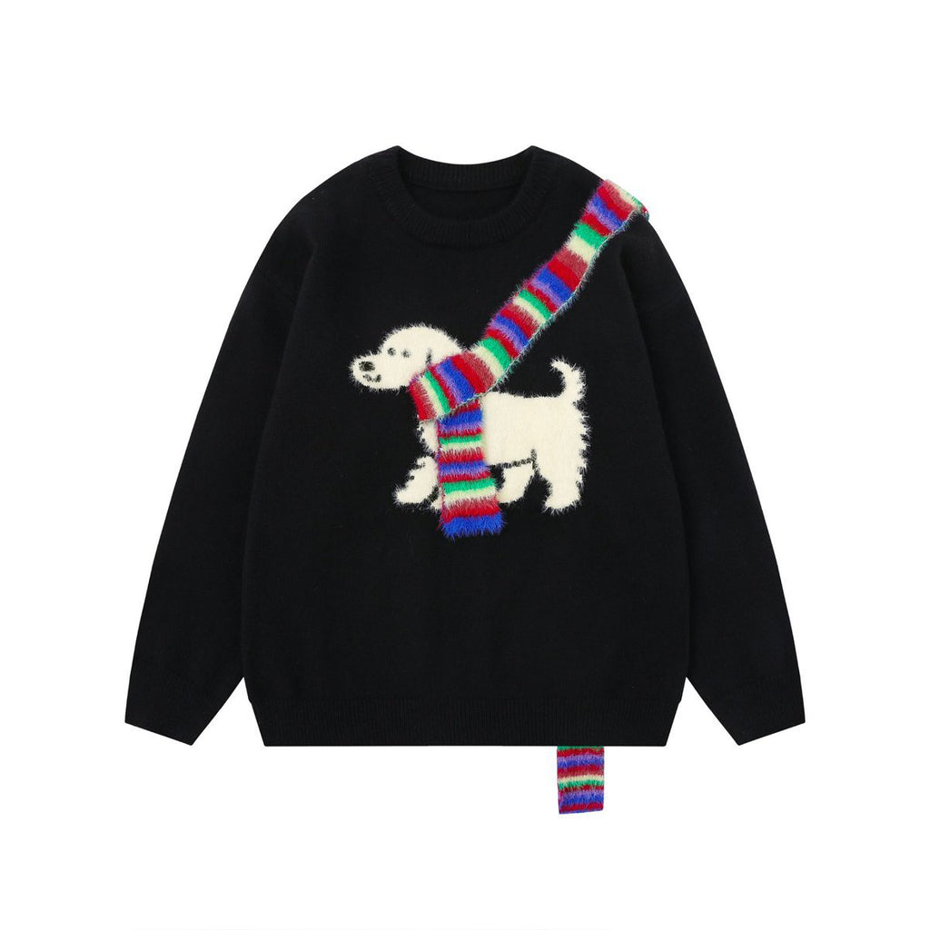 Black sweater with dog motif and rainbow scarf