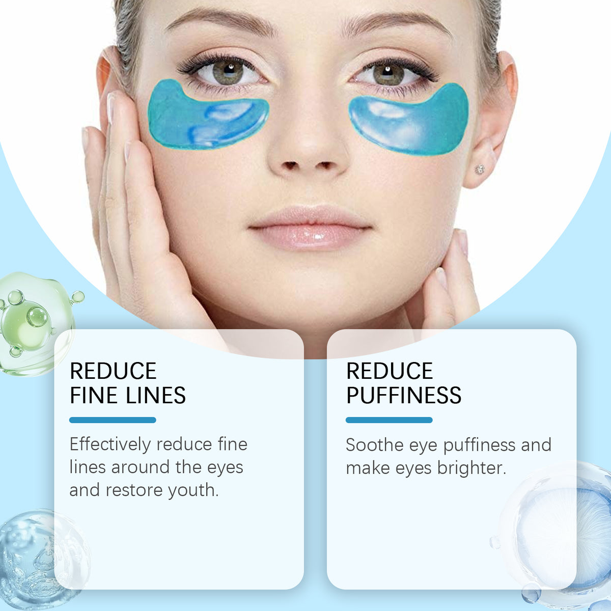 Model wearing blue under-eye patches