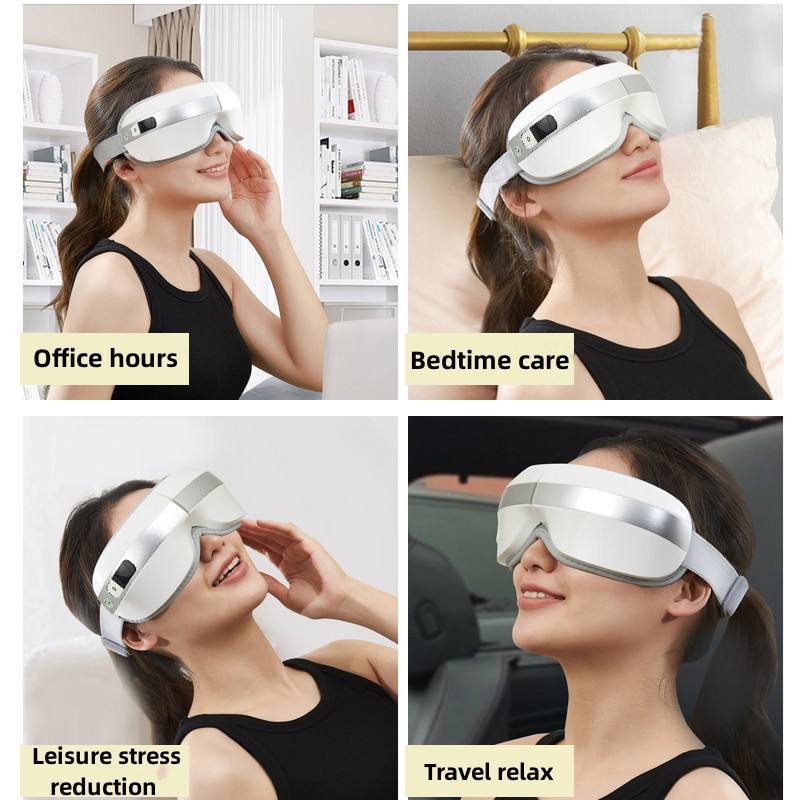 Four models demonstrating a white heated eye massage device