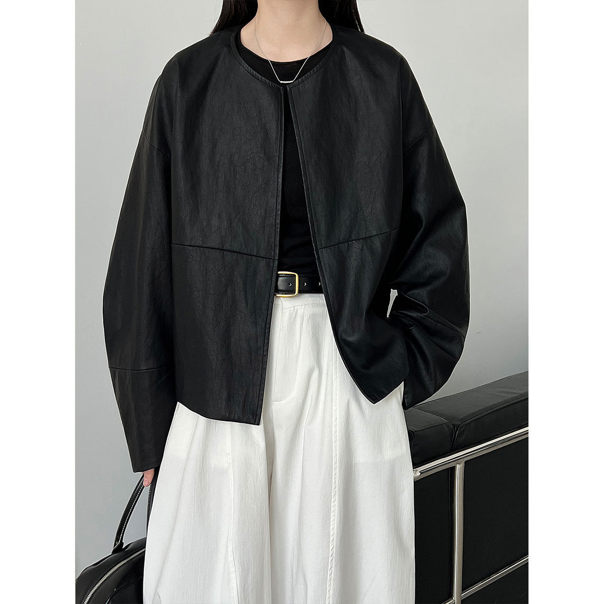Women's Loose Short PU Aviator Jacket