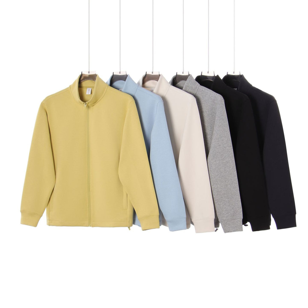 Stand-collar zip jackets displayed in several colors