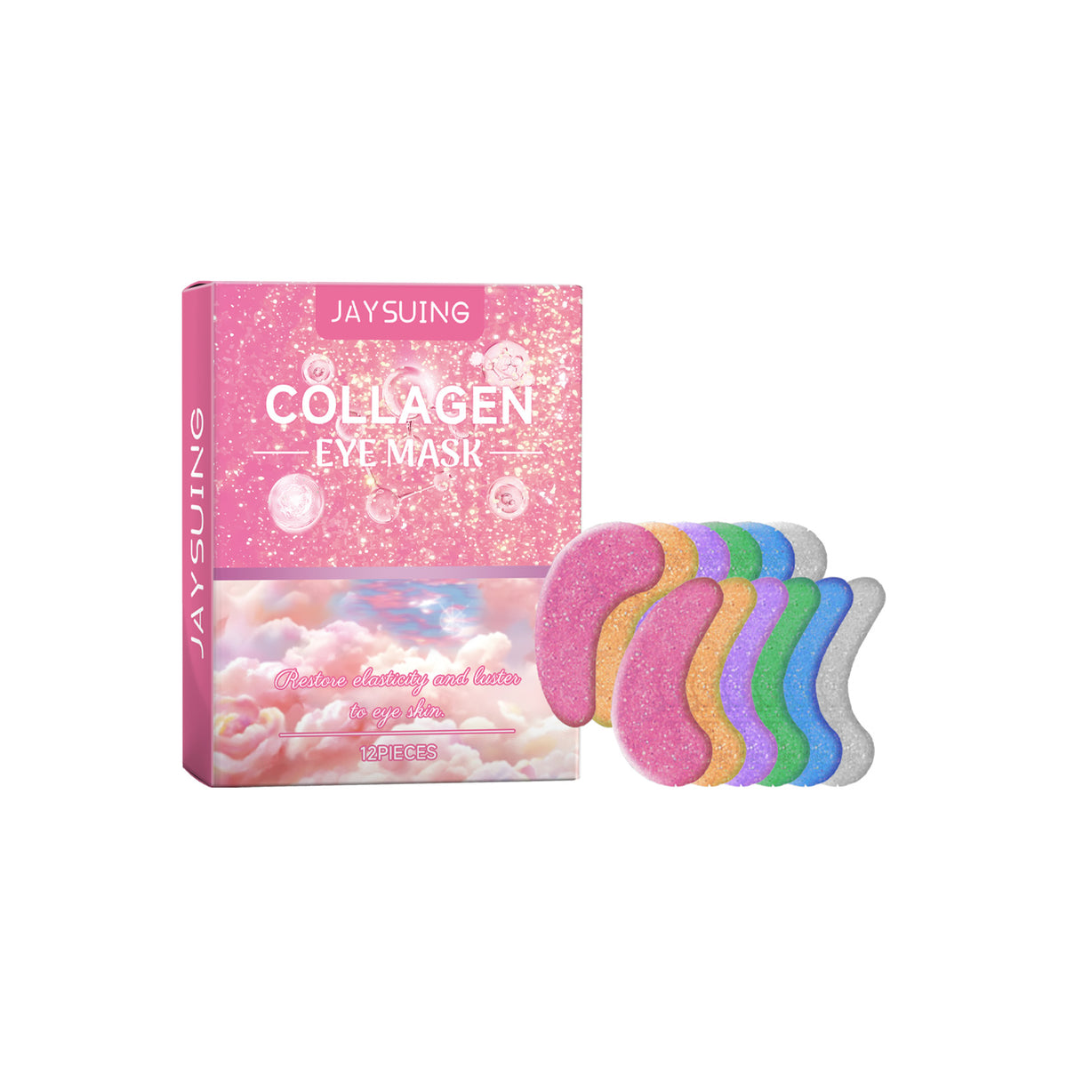 Pink collagen eye mask packet with curved colored patches