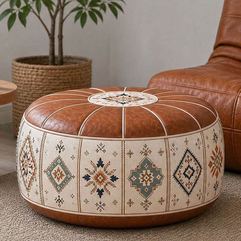 Round patterned pouf ottoman beside a chair
