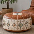 Round patterned pouf ottoman beside a chair