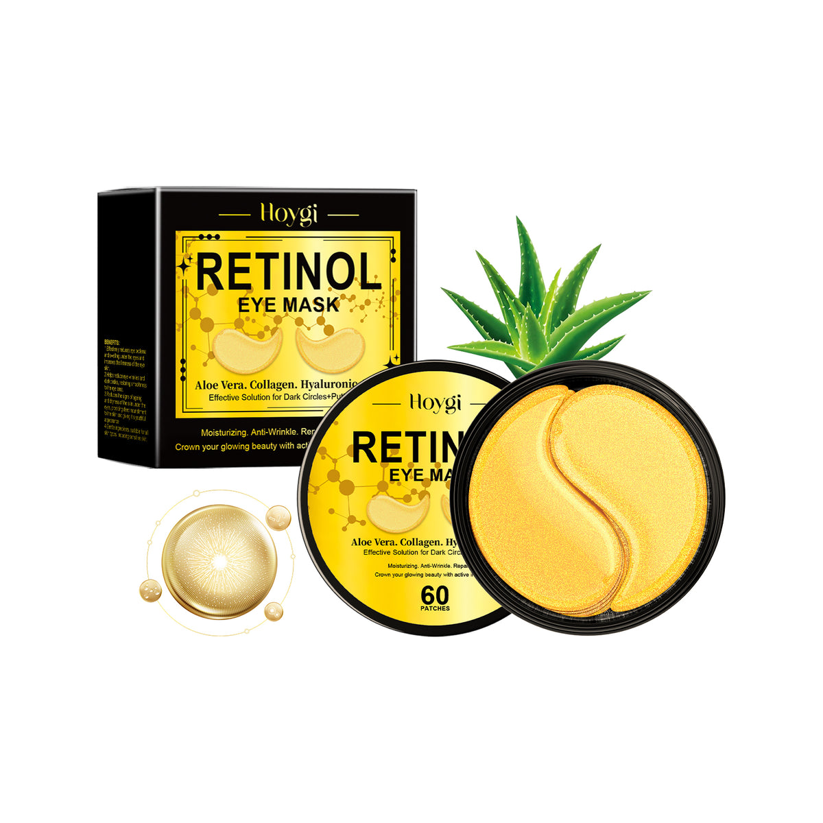 Retinol eye mask jar and black-and-yellow box
