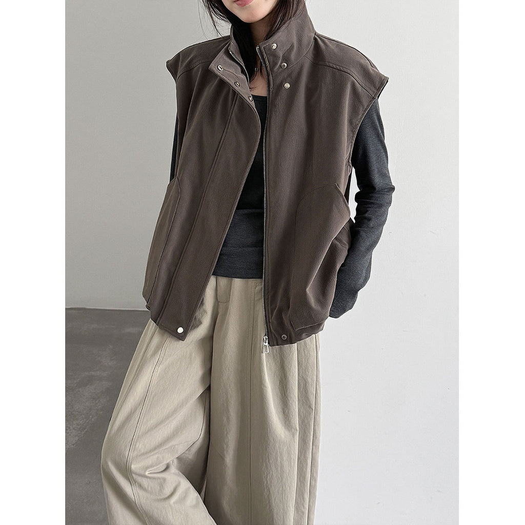 Deer West Women's Stand Collar PU Utility Vest