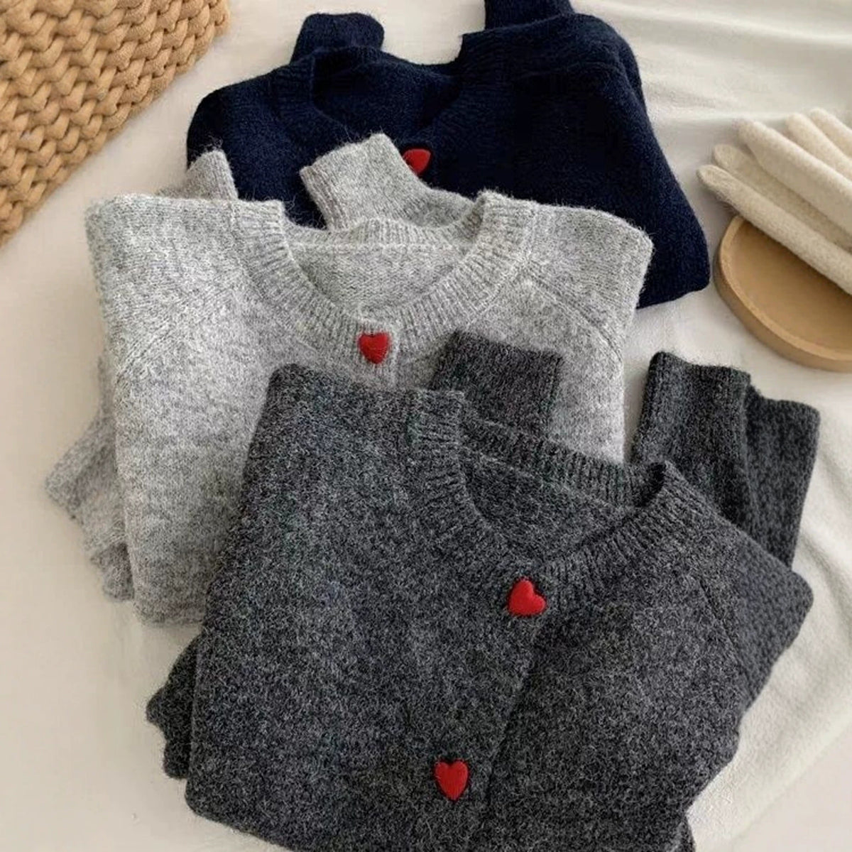 Women's Gray Heart Button Knit Cardigan