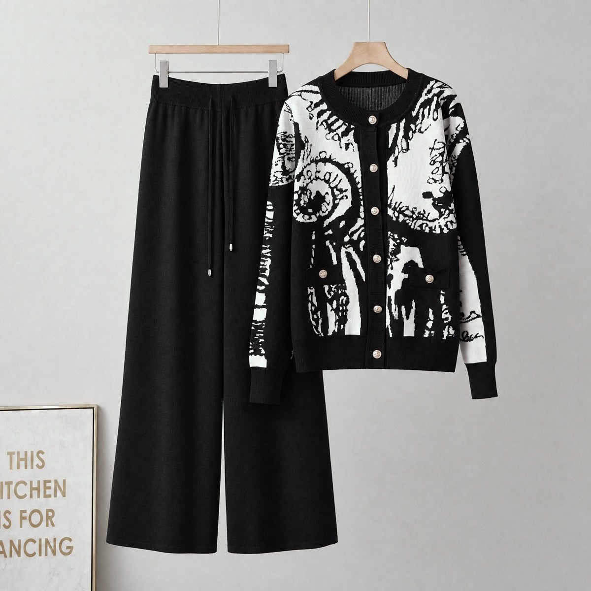 Button Cardigan & Wide Leg Pants Set