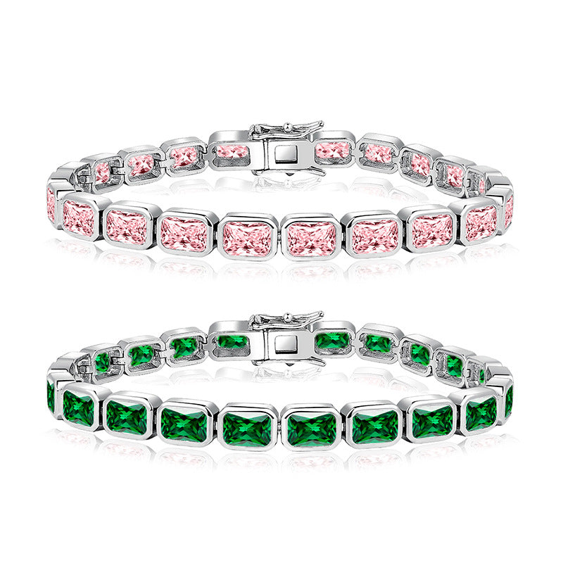 Two rectangular-stone bracelets with pink and green stones